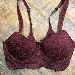 Aerie Burgundy Lace Longline Bra 34B Underwire Wine Floral Lingerie